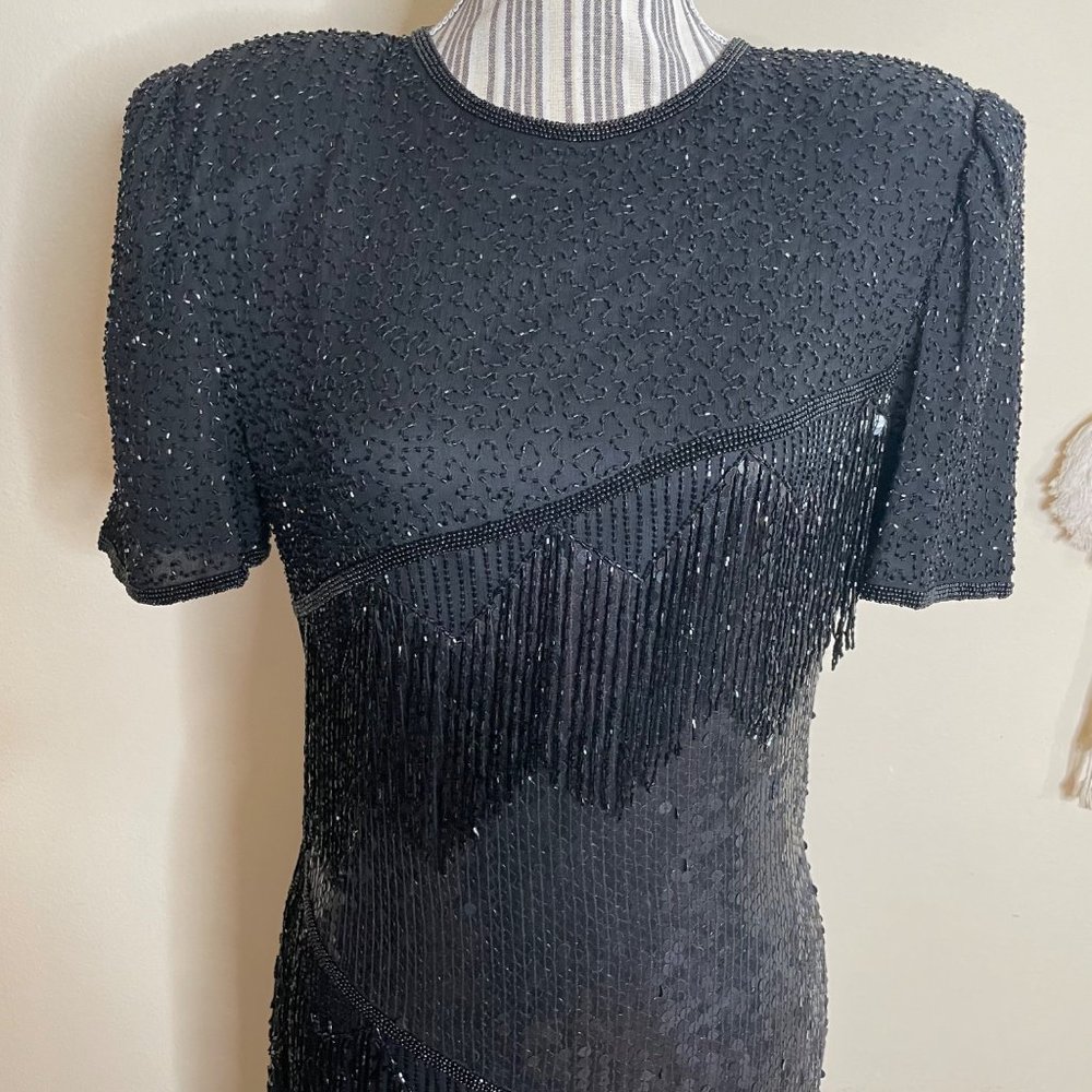 Vintage SCALA 80s Silk Gatsby Cocktail Asymmetric Sequins Beaded Dress Black M - Picture 2 of 12
